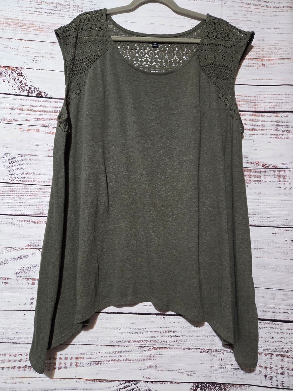 A.n.a Shirt Ladies #x Sleeveless Lace Shoulders Olive Green Linen Blend